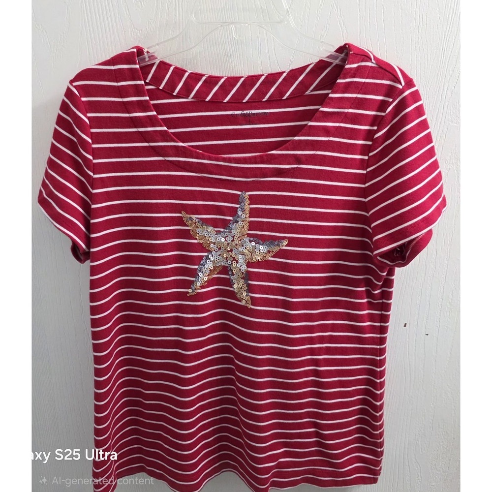 Croft & Barrow T Shirt Womens L Red White Striped Sequin Starfish Coastal - Picture 1 of 10